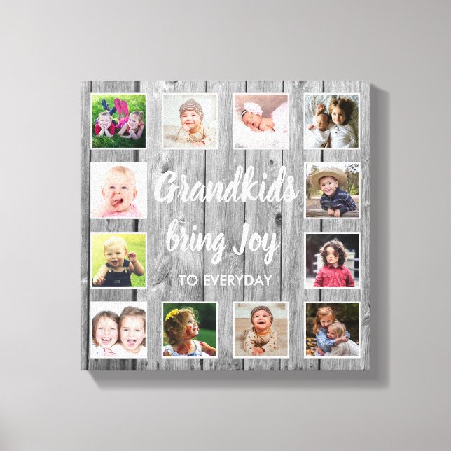 Grandkids Quote Rustic Grey Wood 12 Photo Collage  Canvas Print (Front)