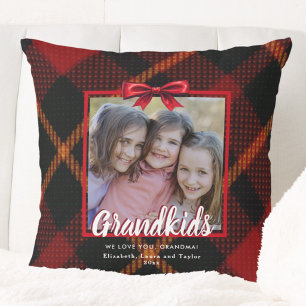 Grandkids Red Bow Tartan Christmas Holiday Photo Cushion