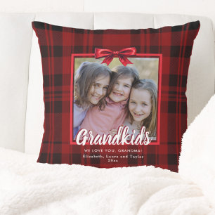 Grandkids Red Plaid Bow Christmas Holiday Photo Cushion