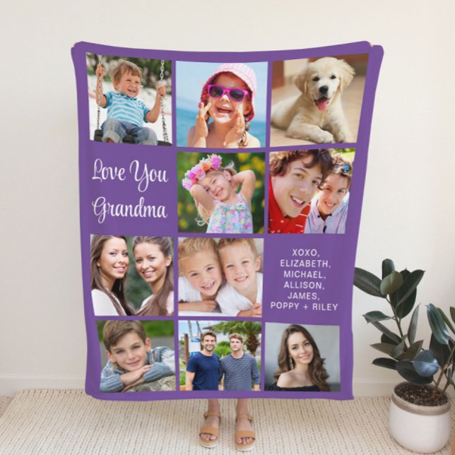 Grandma 10 Photo Collage Purple Fleece Blanket (Creator Uploaded)