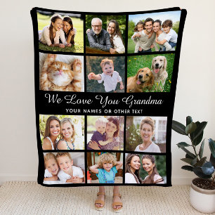 Grandma 12 Photo Collage Black Fleece Blanket