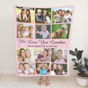 Grandma 12 Photo Collage Pink Fleece Blanket