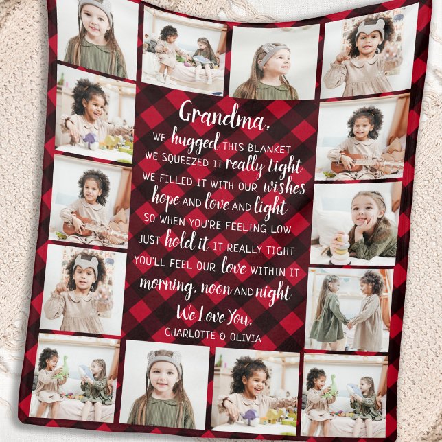 Grandma 14 Photo Collage Red Buffalo Plaid  Fleece Blanket (Creator Uploaded)