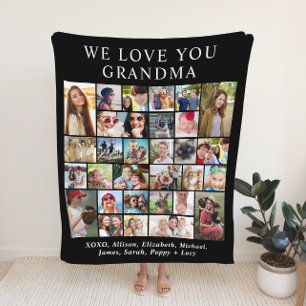 Grandma 30 Photo Collage Black Fleece Blanket
