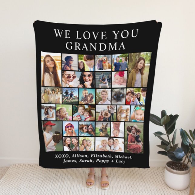 Grandma 30 Photo Collage Black Fleece Blanket (Creator Uploaded)