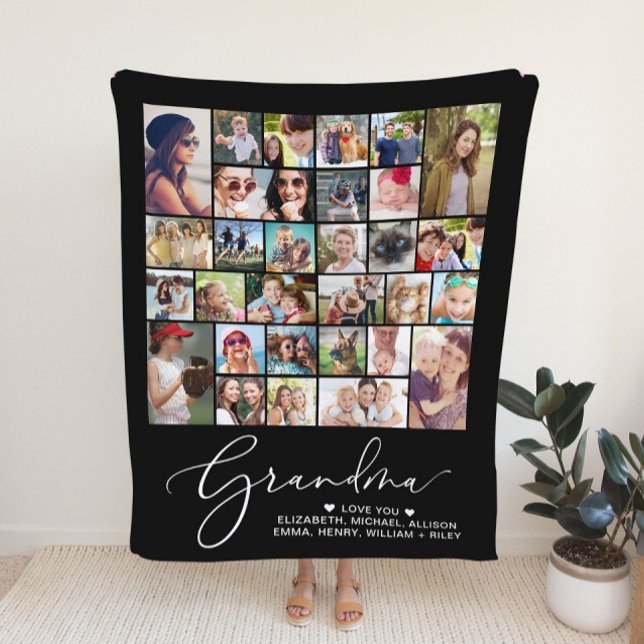 Grandma 30 Photo Collage Black Fleece Blanket (Creator Uploaded)
