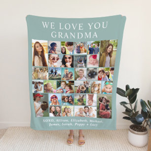 Grandma 30 Photo Collage Sage Green Fleece Blanket