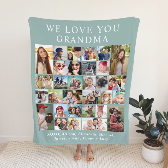 Grandma 30 Photo Collage Sage Green Fleece Blanket (Creator Uploaded)