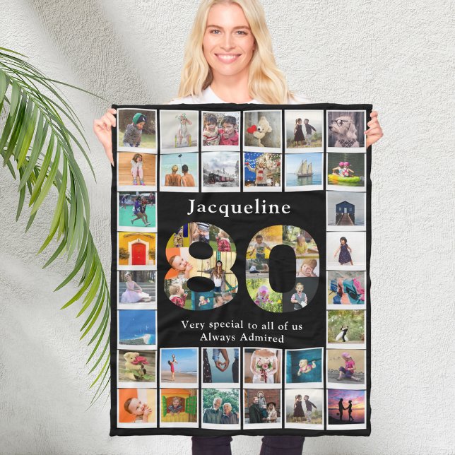 Grandma 80th Birthday Photo Template Fleece Blanket (Personalized 80th birthday fleece blanket with family photo collage template.)