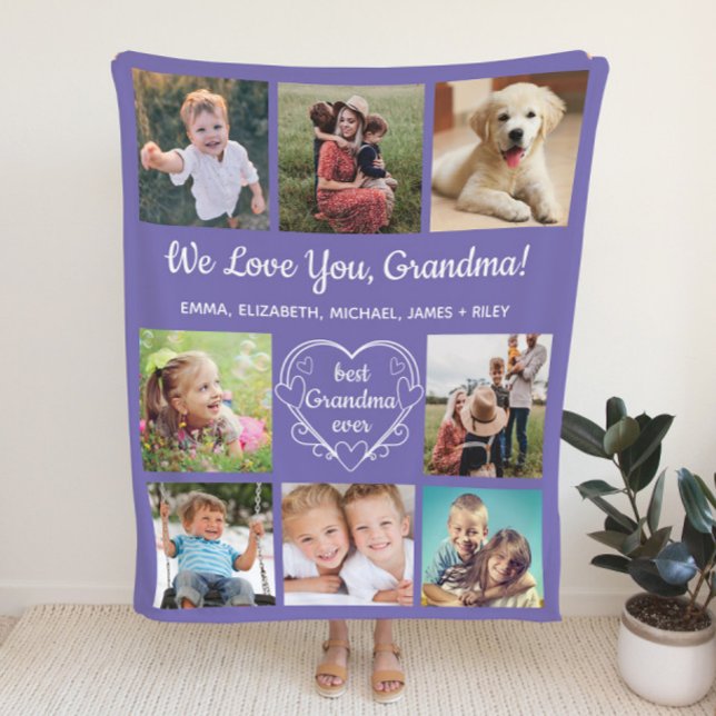 Grandma 8 Photo Collage Purple Fleece Blanket (Creator Uploaded)