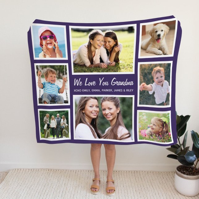 Grandma 8 Photo Collage Purple Fleece Blanket (Creator Uploaded)