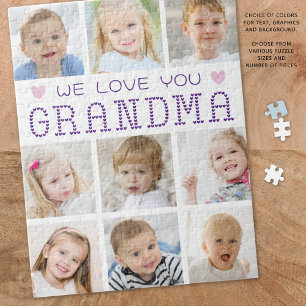 Grandma 9 Photo Collage Hearts Custom Colours Jigsaw Puzzle