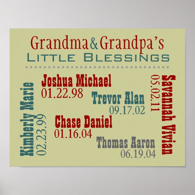Grandma and Grandpa's Grandkids Names Birthdays Poster (Front)