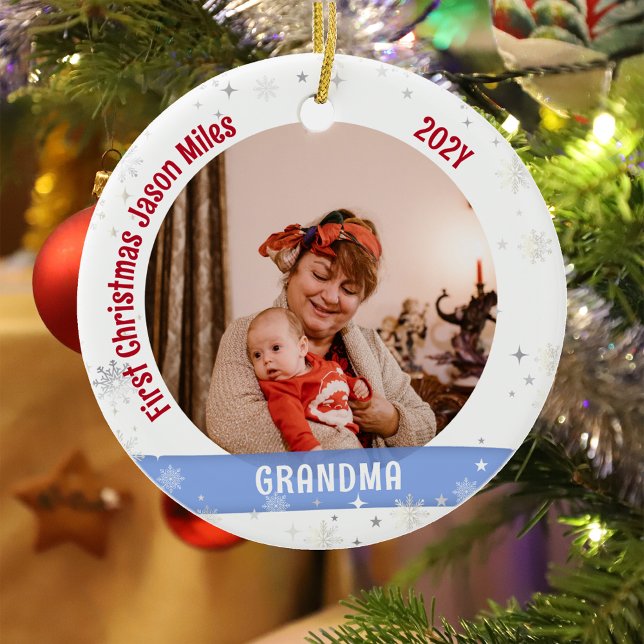 Grandma Baby Personalised First Christmas Photo  Ceramic Tree Decoration (Modern Elegant Cute First Christmas Baby Love you Grandma Grandmother 1 Photo Snowflakes Stars Holly)