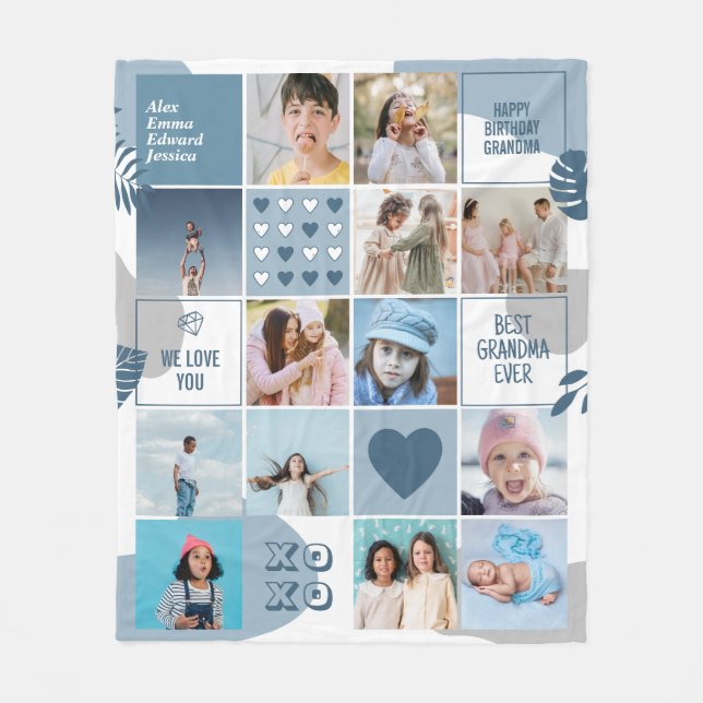 Grandma Birthday Grandkids Photo Collage Blue Fleece Blanket (Front)