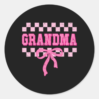 Grandma Birthday Squad Matching Pink Bow Checkered Classic Round Sticker