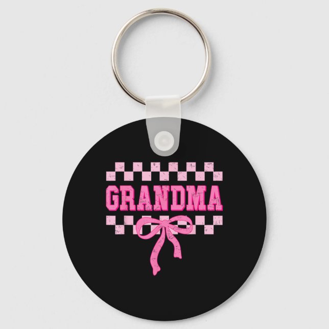 Grandma Birthday Squad Matching Pink Bow Chequered Key Ring (Front)