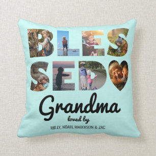 Grandma Blessed Photo Collage Personalised Mint Cushion