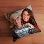 Grandma | Boho Text Overlay with Two Photos Cushion<br><div class="desc">This simple and stylish pillow for your grandmother features two of your personal family photos, along with the word "Grandma" in boho white modern typography and a spot to add your names and the year on the back. Text as presented says "we love you so much", but you can change...</div>