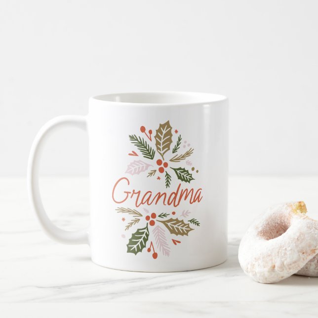 Grandma Bright Holly Christmas Red Script Coffee Mug (With Donut)