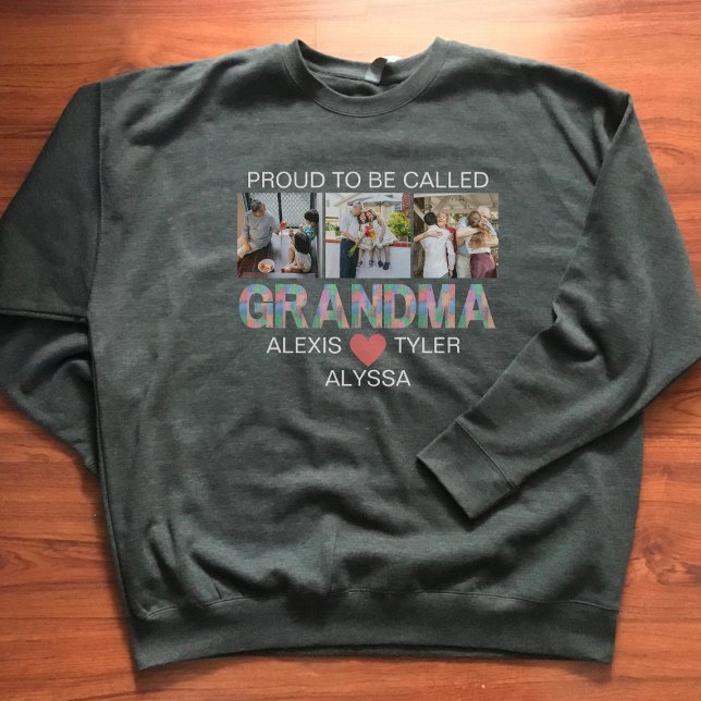 Grandma Brush Stroke 3 Photo Grandchildren Names Sweatshirt (Creator Uploaded)