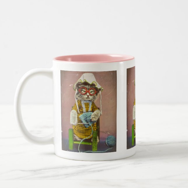 Grandma Cat Knitting Two-Tone Coffee Mug (Left)