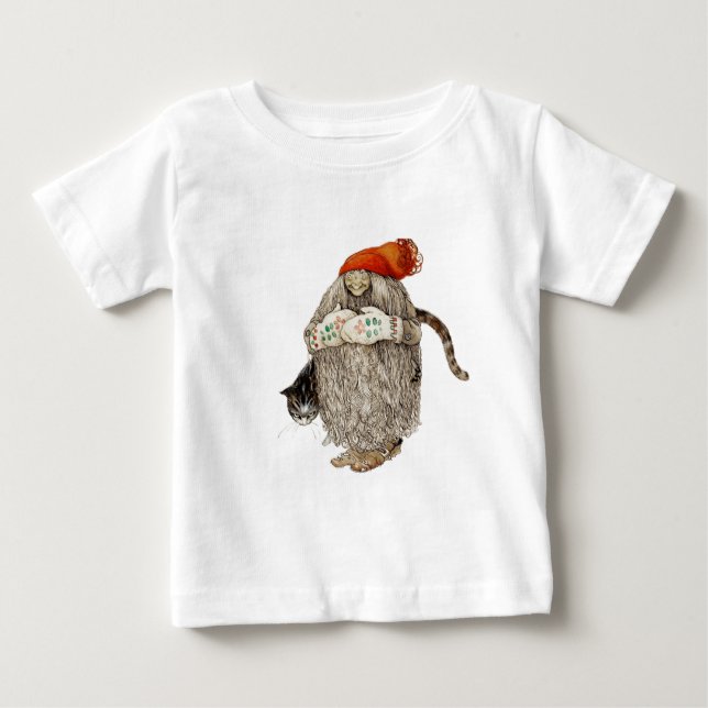 Grandma Christmas Tomten with Grey Cat Baby T-Shirt (Front)