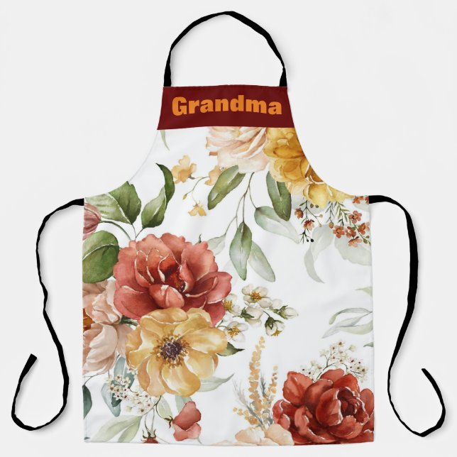 Grandma Colourful Watercolor Floral Custom Apron (Front)