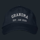 Grandma Est. 2026 Custom Embroidered Hat<br><div class="desc">Mark the joy of becoming a grandmother with this Grandma Est. Jan 2026 embroidered hat. Designed as a keepsake she can actually wear, this cap celebrates a new family milestone with understated, timeless embroidery. A lovely gift for pregnancy announcements, first-time grandmas, or “promoted to grandma” moments, it’s ideal for everyday...</div>