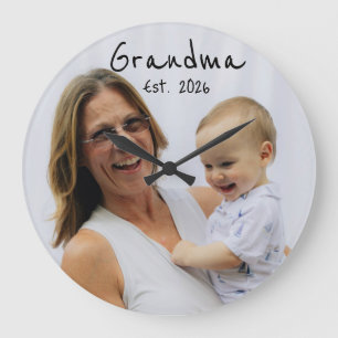 Grandma Est. black script 3 photo Large Clock