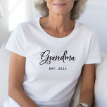 Grandma | Est. Date in Black Stylish Script T-Shirt<br><div class="desc">This beautiful black and white shirt says "Grandma" in elegant,  swirly modern script,  along with the date she first became a grandmother. The perfect,  chic keepsake gift from her grandkids for Christmas or Mother's Day!</div>