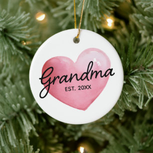 Grandma Est Date Watercolor Heart Christmas Ceramic Tree Decoration