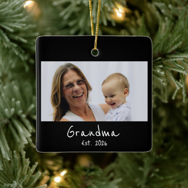 Grandma Est. White script 3 photo Ceramic Ornament (Tree)
