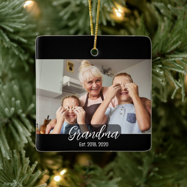 Grandma Est. White script 3 photo Ceramic Ornament (Tree)