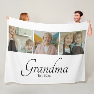 Grandma Est Year Custom 3 Photo Collage Gift Fleece Blanket