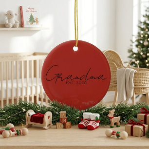 Grandma Est Year Elegant Script Red Design Ceramic Tree Decoration