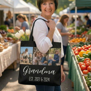 Grandma Established Black 3 Photo White Script Tot Tote Bag