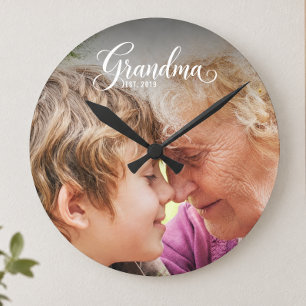 Grandma Established Black Elegant Script Photo  Round Clock