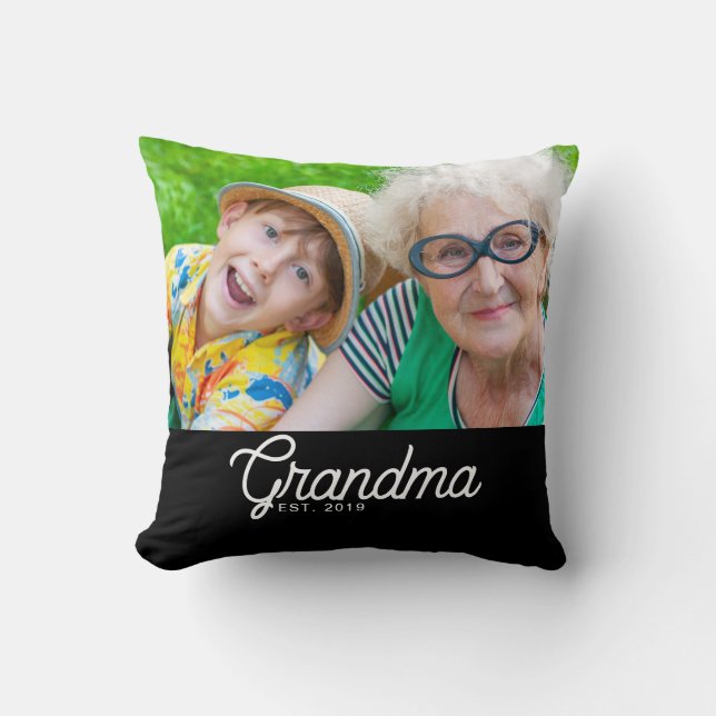 Grandma Established Black Modern Script Photo Cushion (Front)