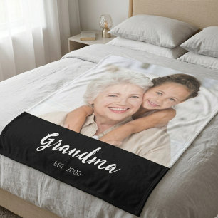 Grandma Established Black Modern Script Photo  Fleece Blanket