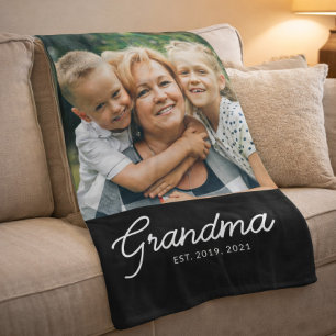 Grandma Established Black Modern Script Photo Fleece Blanket