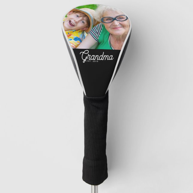 Grandma Established Black Modern Script Photo Golf Head Cover (Front)