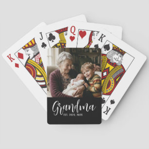 Grandma Established Black Modern Script Photo Playing Cards