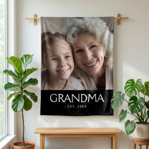 Grandma Established Black Modern Typography Photo Fleece Blanket