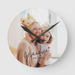 Grandma Established Black Script Photo Round Clock