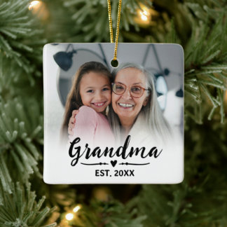 Grandma Established Black White Script Photo Ceramic Ornament