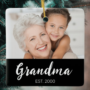 Grandma Established Black White Script Photo Ceramic Ornament
