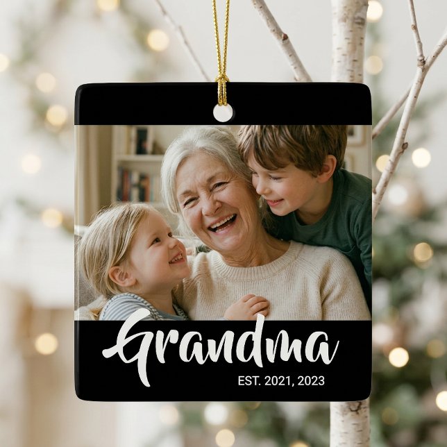 Grandma Established Black White Script Photo Ceramic Ornament (Grandma Established Script Photo Ornament)