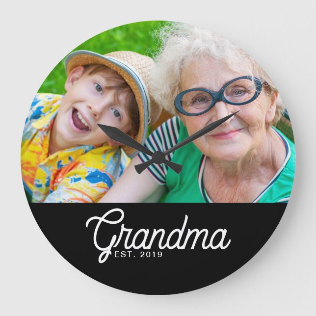 Grandma Established Black White Script Photo Large Clock (Front)