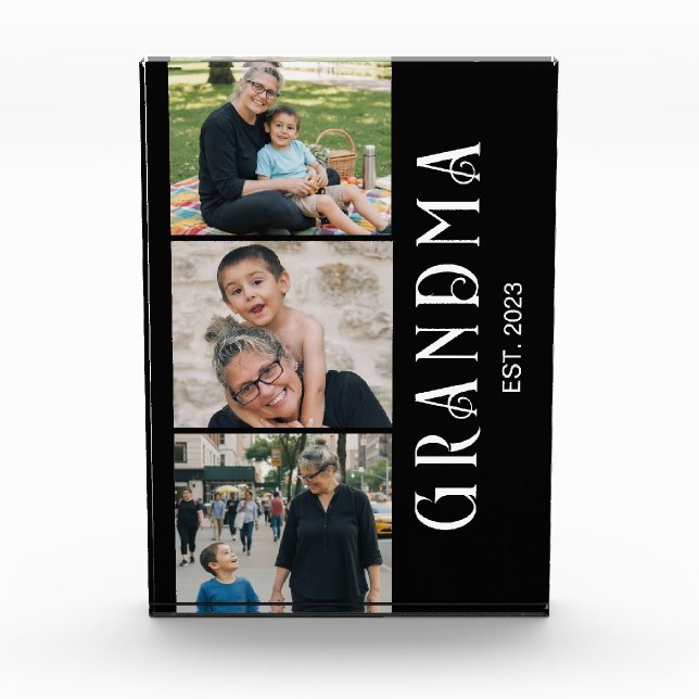 Grandma Established Bold Modern Black 3 Photo Block (Front)